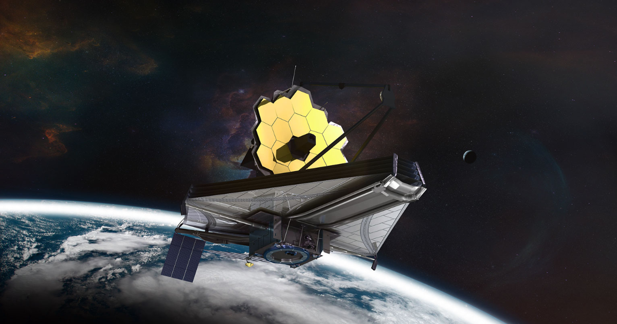 James Webb Space Telescope Orbits in Space With Earth in Background 